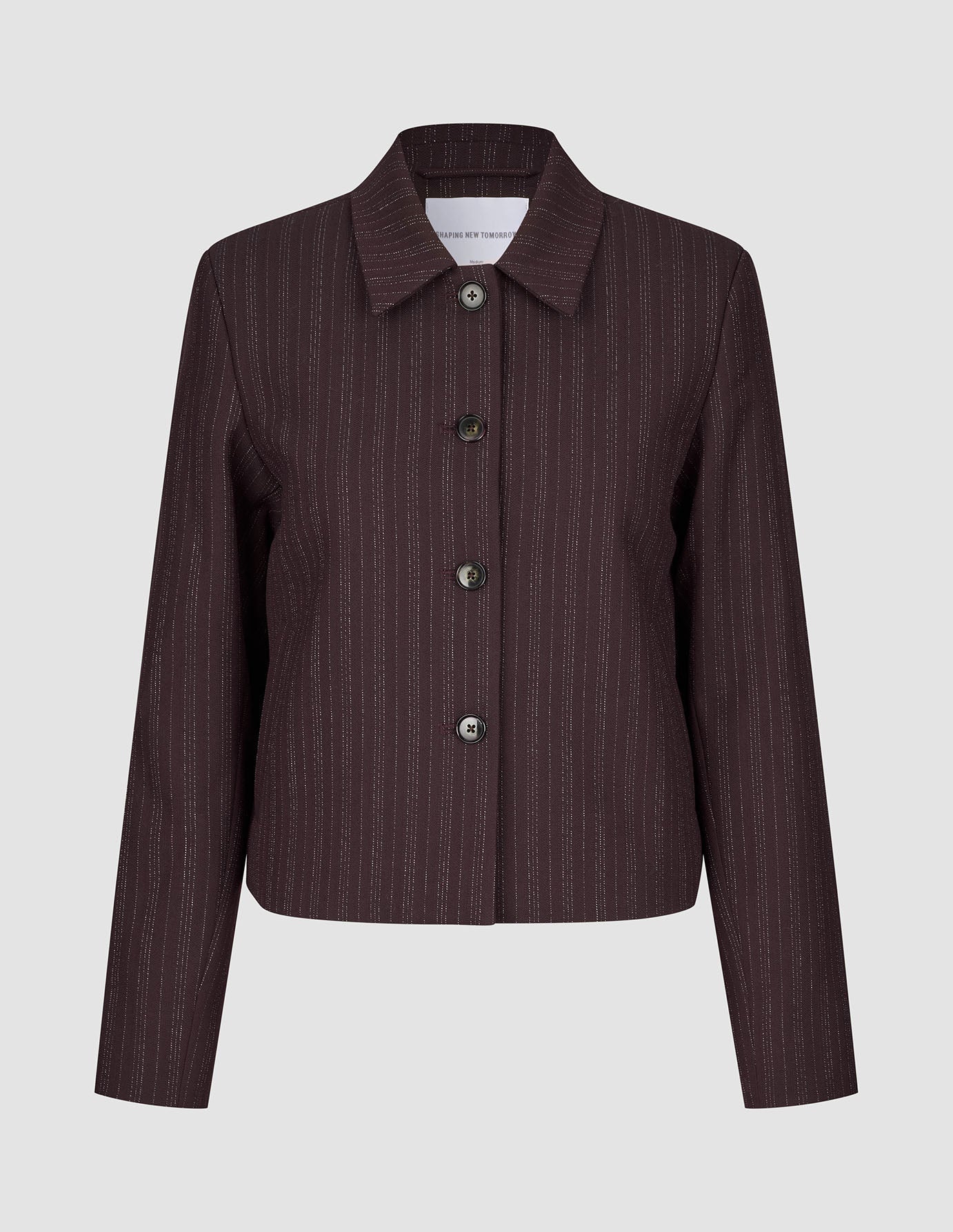 Damen-Kurzjacke Serene in Beeren-Nadelstreifen, dunkelviolett, mit Kragen und gerader Passform.